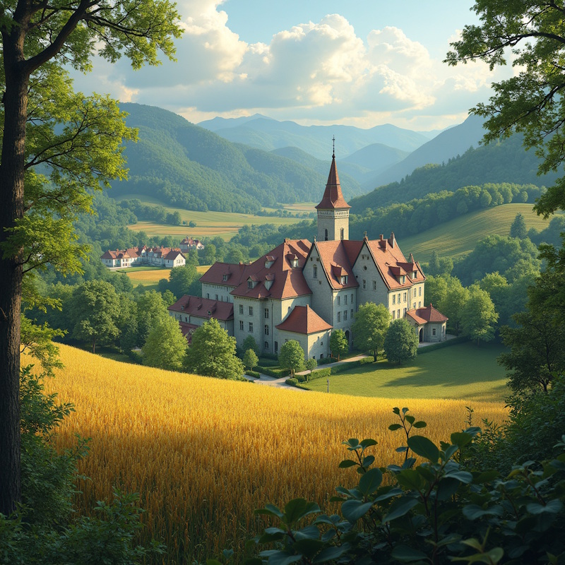 Village with fields and forest