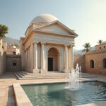 Temepl mit Brunnen davor