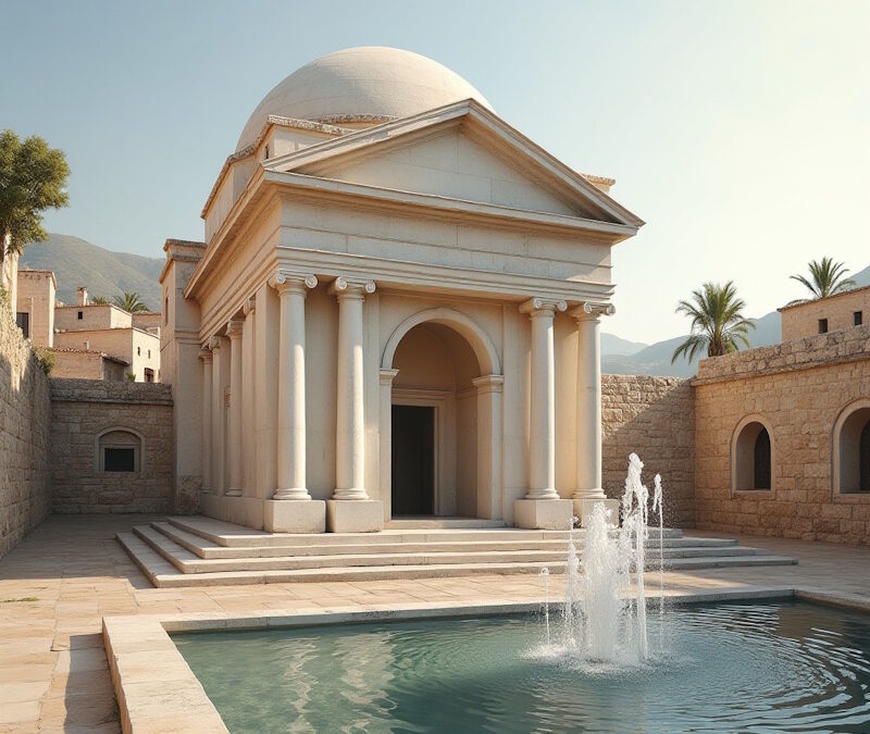 Temepl mit Brunnen davor